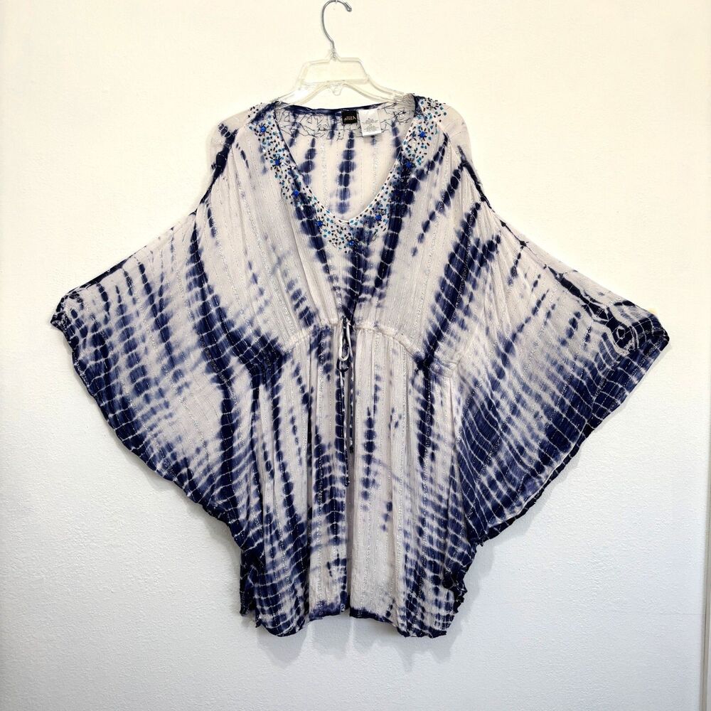 Bila Womens Beaded Boho Tie Dye Kimono Cardigan Cover Up XL Beach Coastal